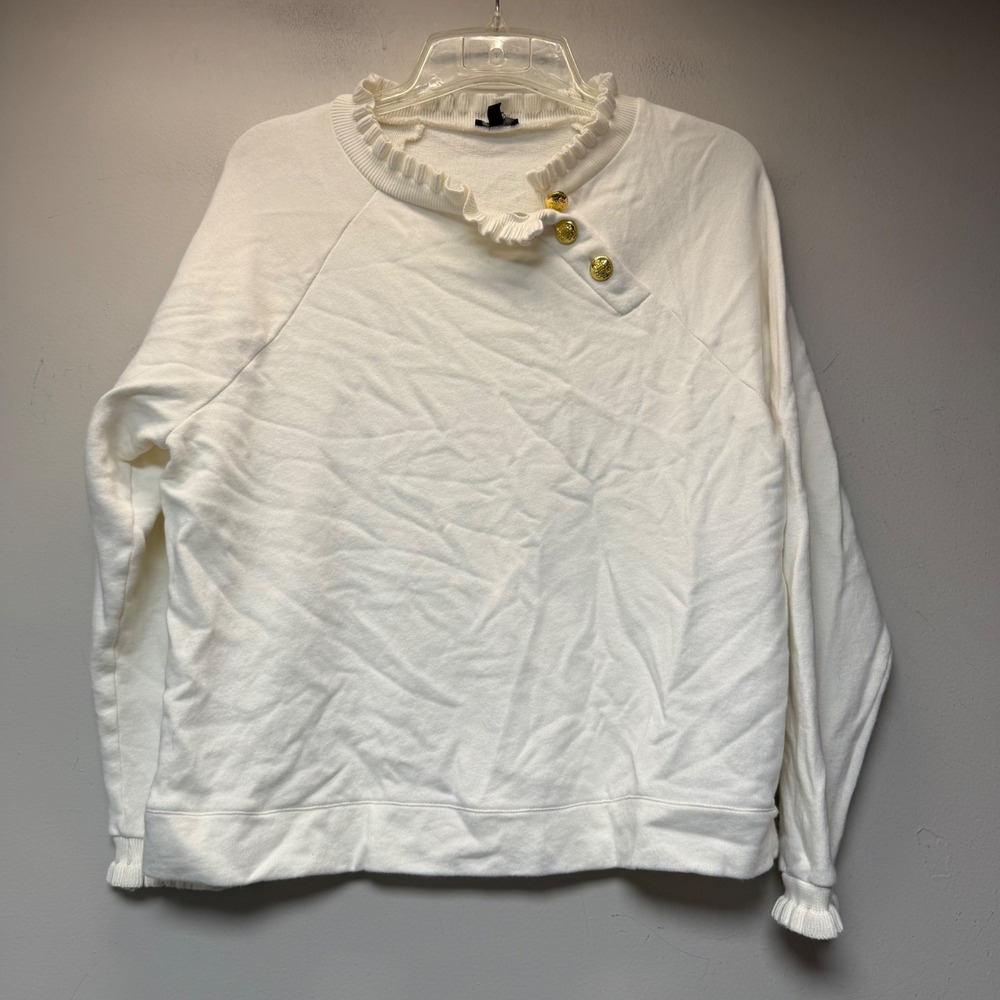 Talbots Sweatshirt Womens XLP Ivory Excellent Ruffle Neck Gold Button Cotton